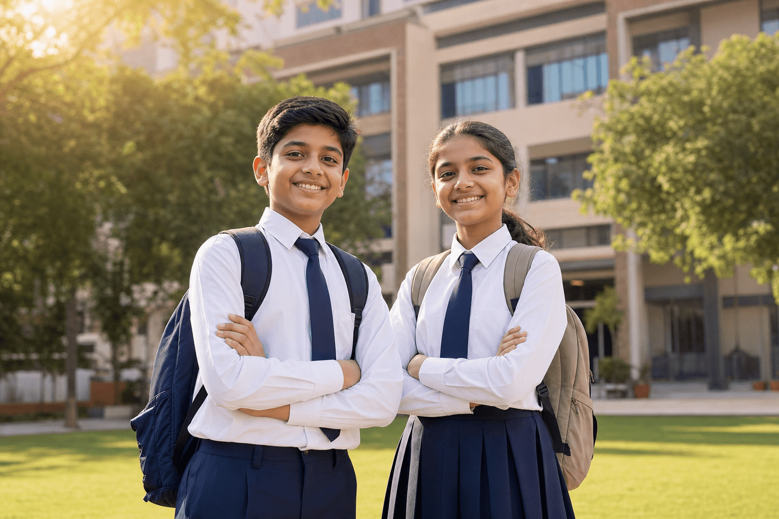 Kaumudi Schools students on campus with school building